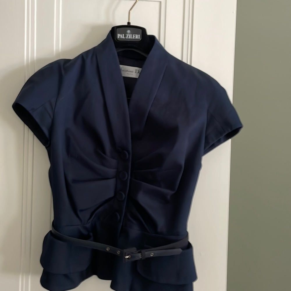 Christian Dior belted top. Fitted size 6 navy blue
